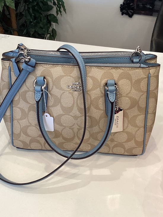 Coach Handbags - Coach Beige Signature Tote with Light Blue Trim